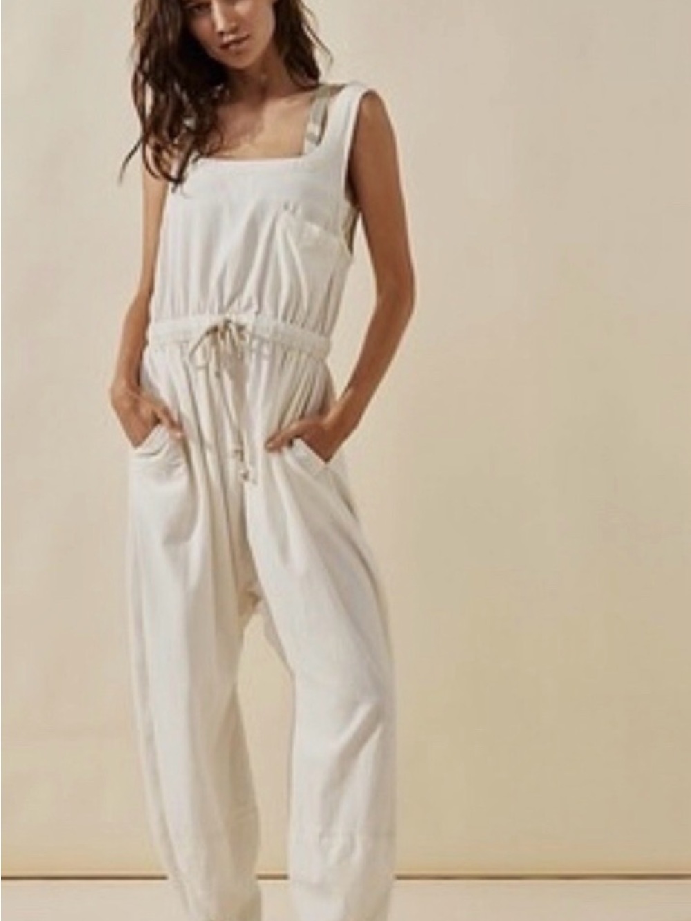 Free People Cream Sleeveless Drawstring Jumpsuit